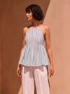 Azure Pinstripe Halter Peplum Top