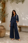 Navy Linen Oversized Shirt & Wide-Leg Pants Co-ord Set