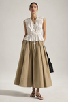 White Gathered Peplum Top & Khaki Pleated Flared Skirt Set