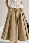 Khaki Flared Pleated Cotton Poplin Skirt