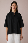 Relaxed Black Cotton Mandarin Collar Shirt