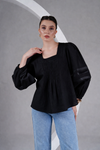 Black Cotton Linen Pintuck Top