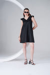 Black Ruffle V-Neck A-Line Linen Dress