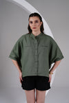 Olive Linen Oversized Shirt with Contrast Stitch Detailing