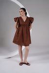 Brown Linen Ruffle Sleeve Mini Dress