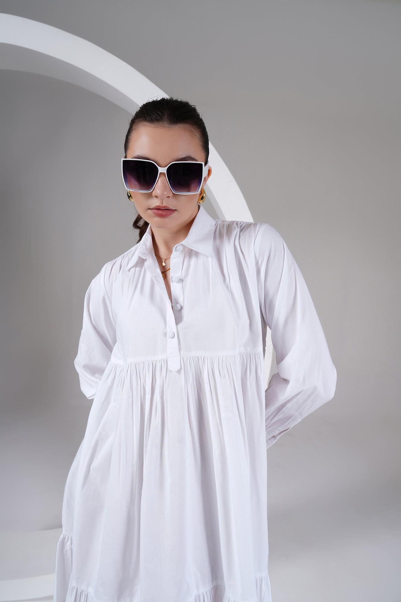 babydoll shirt dress White Cotton Tiered Babydoll Shirt Dress – SUITAGA