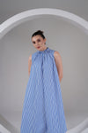 Blue Striped High Neck A-Line Dress