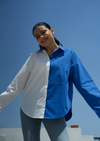 Blue & White Color-Block Cotton Shirt