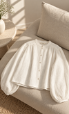 White Double Cloth Cotton Gathered Sleeve Blouse