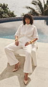 White Relaxed High Neck Linen Shirt Coord set